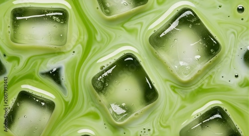 Refreshing Matcha Green Tea Drink with Ice Cubes Close-up.