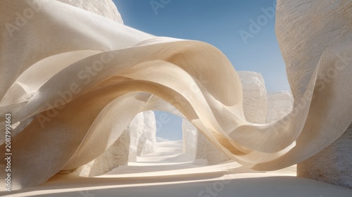 Abstract flowing fabric in sandstone canyon with soft natural light for minimal background design poster concept