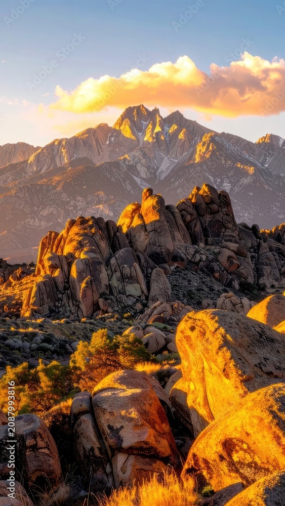 Naklejka premium Golden sunrise illuminates rugged mountain peaks and rocky foreground.