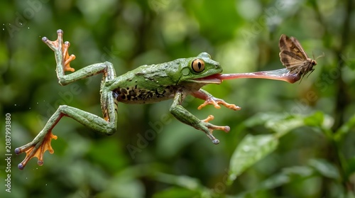 Green Tree Frog Leaping to Catch a Butterfly with its Tongue Extended.