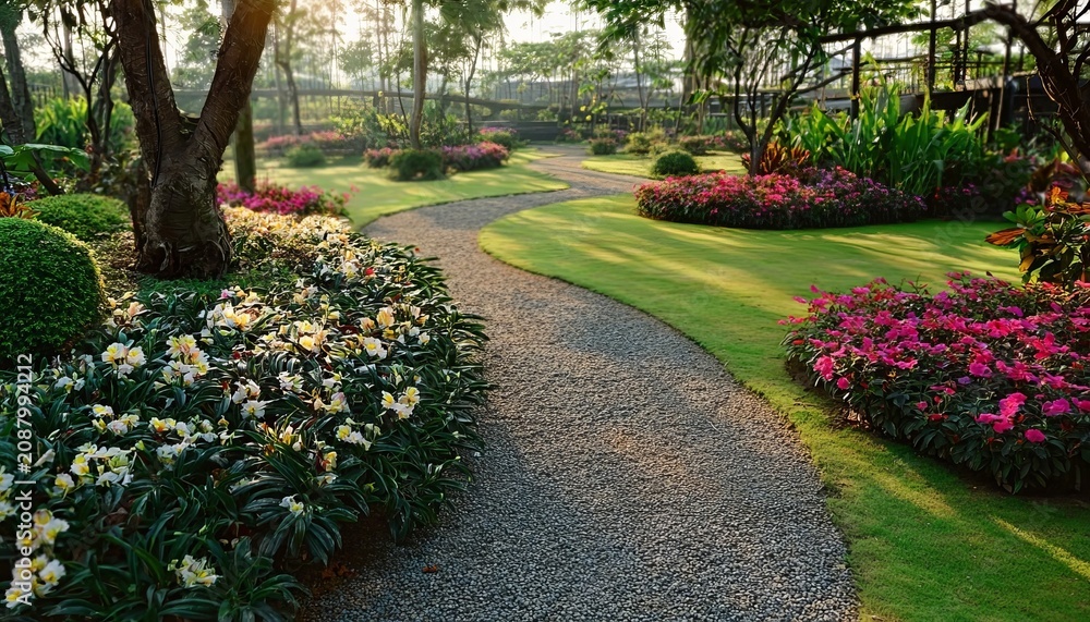 Naklejka premium A Beautiful Landscape Garden With A Winding Gravel Path And Vibrant Flowers Under Morning Sunlight