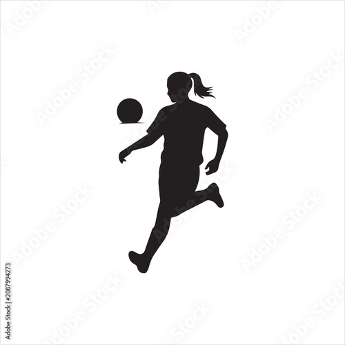 Black silhouette of a female soccer player running while dribbling the soccer ball.