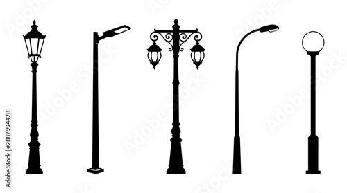 Tableau sur toile Street Lamp Post Silhouettes Set - Flat Vector Icon Collection