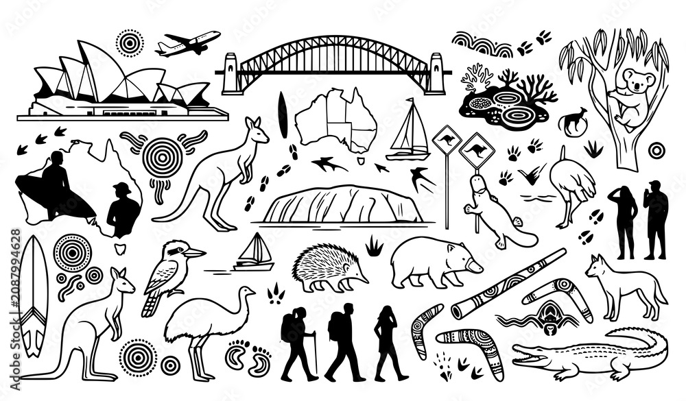 Fototapeta premium Hand Drawn Australia Travel Landmarks and Wildlife Element Set with Opera House Sydney Harbour Bridge Kangaroo Koala and Boomerang for Tourism Designs