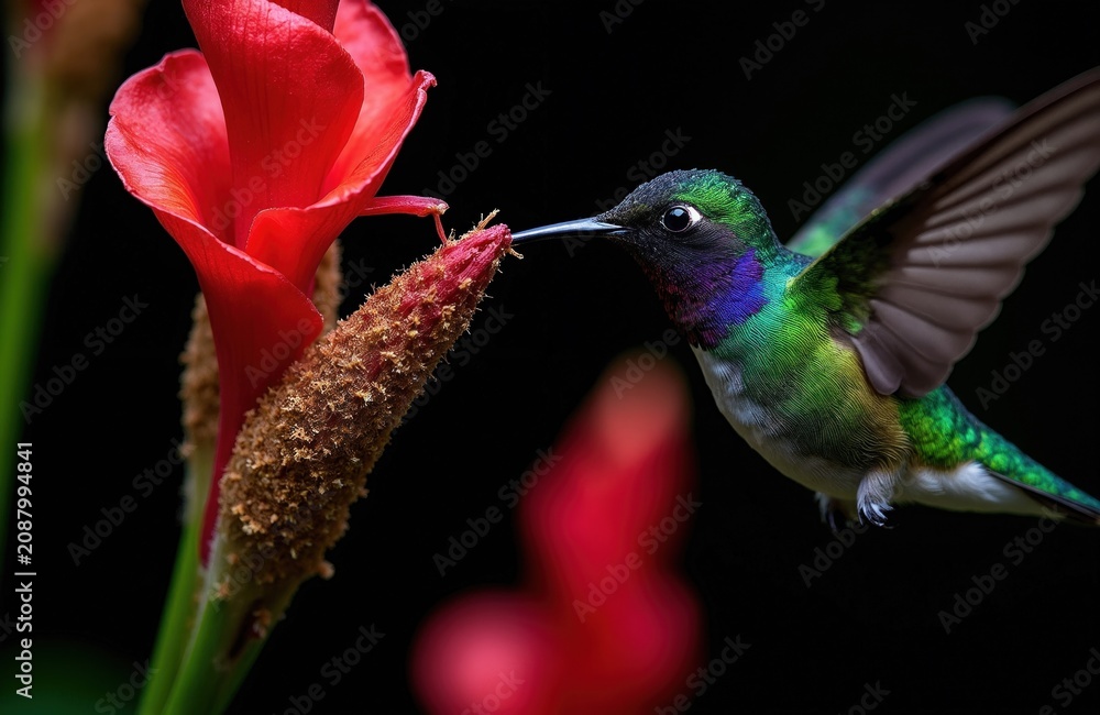 Fototapeta premium Violet capped Woodnymph hummingbird hovers near bright red flower. Small avian creature feeds on nectar in tropical Atlantic rainforest. Iridescent green blue feathers shine bird wings flutter fast.