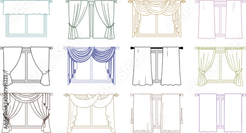 Photos Interior decoration window treatments vector collection with thin linear symbols
