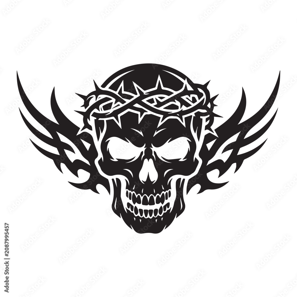 Fototapeta premium Black and white graphic illustration of a human skull wearing a crown of thorns with stylized wings.