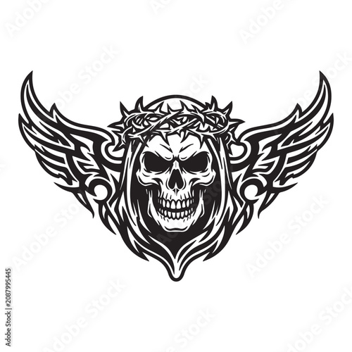 Black and white illustration of a skull wearing a crown of thorns with tribal wings.
