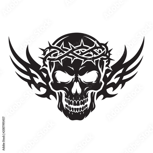 Black and white graphic illustration of a human skull wearing a crown of thorns with stylized wings.