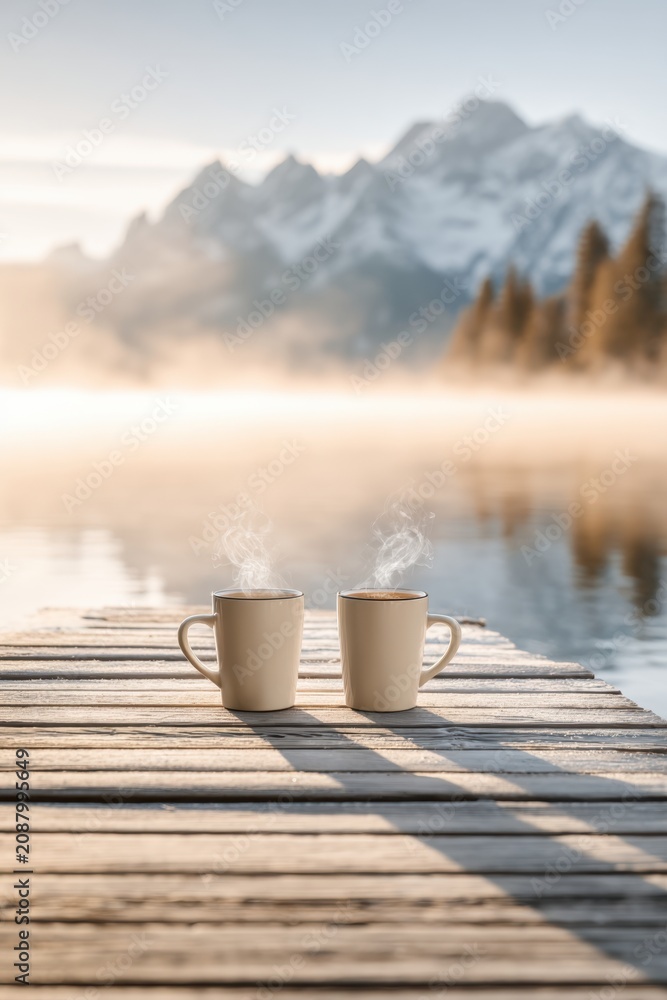 Fototapeta premium Cozy morning coffee on a lakeside dock with two steaming mugs and misty mountain sunrise for social media and background use
