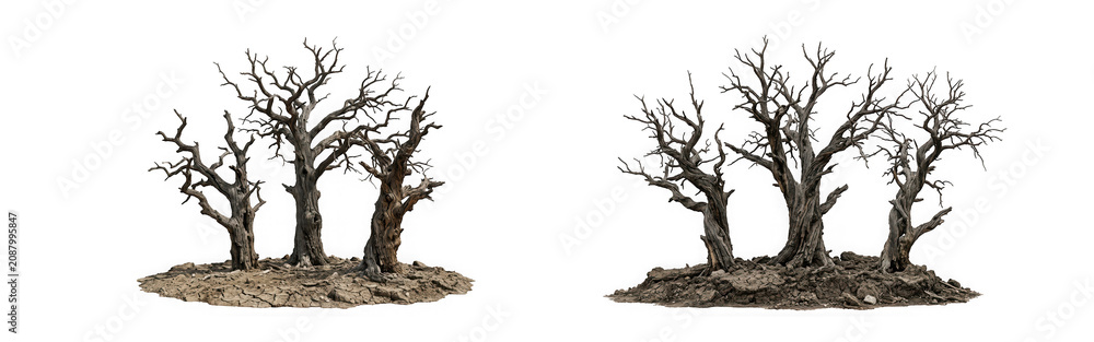 Fototapeta premium Two groups of dead trees on dry cracked earth isolated on transparent background