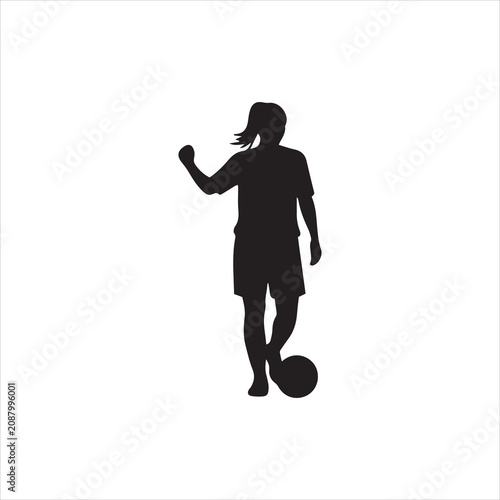 Black silhouette vector illustration of a confident female soccer player standing with her foot resting on the ball.