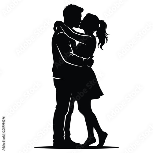 Obraz na plátně Romantic Loving Couple Embracing And Kissing Silhouette Illustration For Valenti
