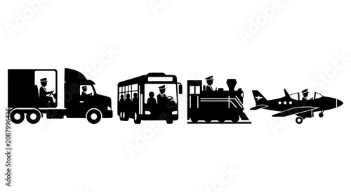 Tableau sur toile Transportation evolution silhouette truck bus train steam engine and jet aircraf
