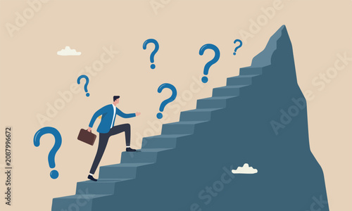 Business mountain peak concept, businessman trying hard with full effort to climb up big step ladder or stairway
