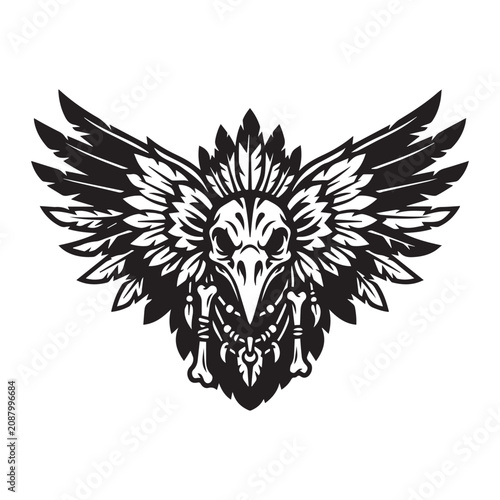 Tribal Raven Skull Illustration with Feather Headdress.