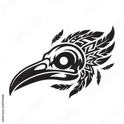Tribal style bird skull illustration with decorative feathers.