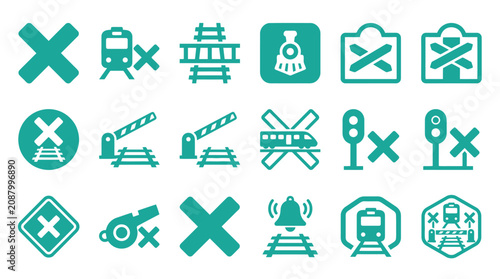 Fotografie Collection of teal railway crossing and train safety icons including locomotive silhouettes, level crossing barriers, signal lights, warning bells, and track symbols on white