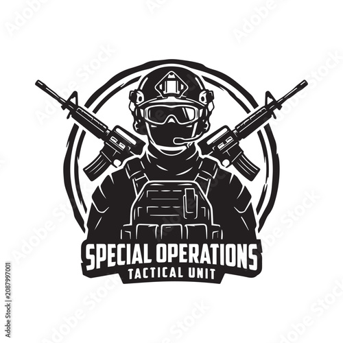 Special operations tactical unit emblem with soldier and rifles.