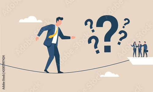 Uncertainty, meeting teams togetherchalleng investment risk, find out solution for business difficulty, adversity or determination, businessman acrobat rope walking to find question mark