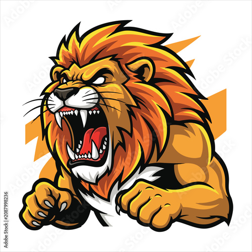 Powerful roaring lion head mascot logo graphic design with sharp teeth and an angry expression.