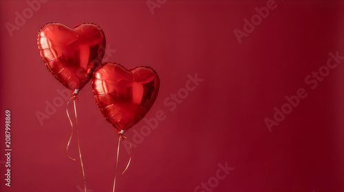 Floating red heart shaped balloons on dark red background with balloons