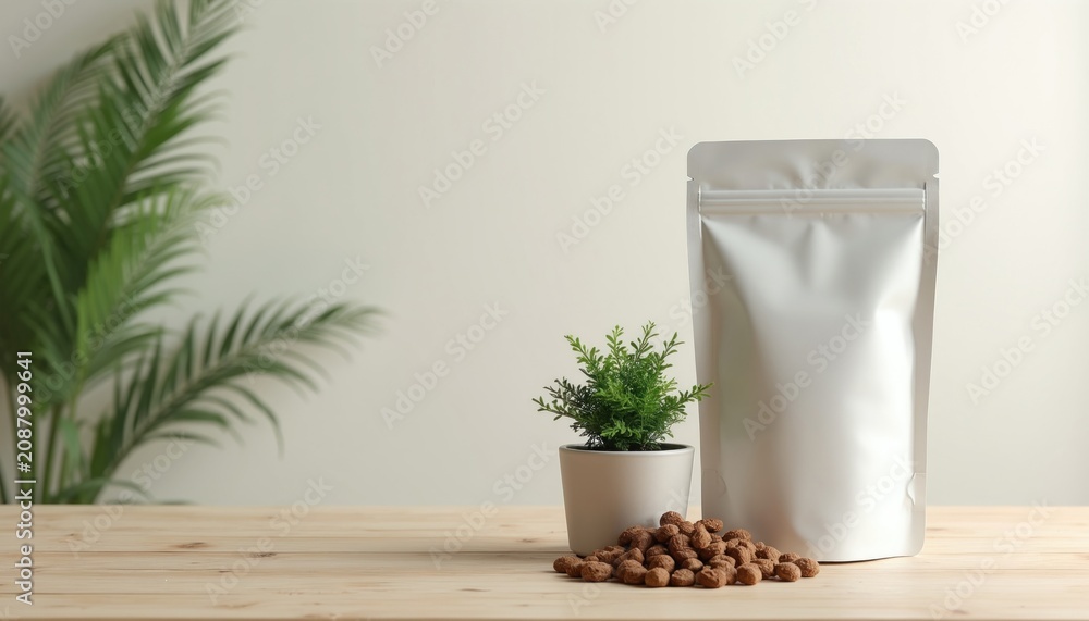 Naklejka premium Silver pouch mockup with dog kibble on wood table. Small plant accents minimalist, clean studio backdrop. Pet food branding packaging design.