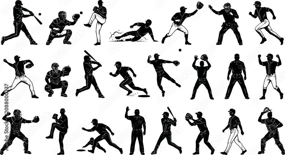 Fototapeta premium Dynamic collection of baseball player silhouettes in various action poses, capturing the essence of the game from pitching and batting to fielding and running