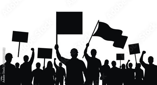 Quadro su tela Protest crowd silhouette with signs and flag activism and demonstration concept