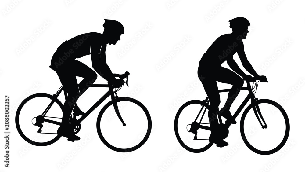 Fototapeta premium Cyclist silhouettes riding bicycles black vector illustration on white background