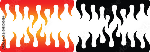 Fotografie Two decorative flame decals, one with a fiery gradient and the other in a stark black silhouette, ideal for customising vehicles like motorcycles and cars or for adding energy to graphic designs