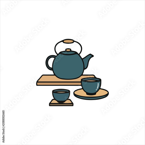 Traditional Asian green tea set vector illustration featuring a teapot and two teacups on wooden resting trays.