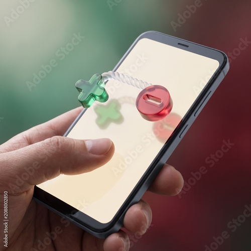 Hand holding smartphone with floating 3D financial icons for digital banking and accounting in professional setting.