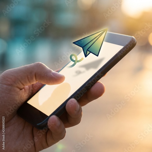 Mobile finance concept featuring a floating paper plane icon for digital transfers on a smartphone in a sunny, professional business setting.