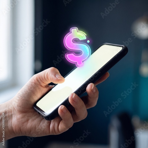 Person holding smartphone with glowing neon dollar icon in office; modern digital finance concept.