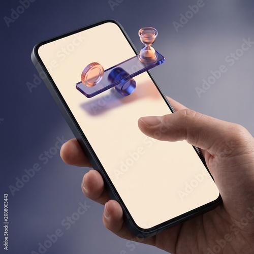 3D glass balance of coin and hourglass floating over smartphone for finance management concept.