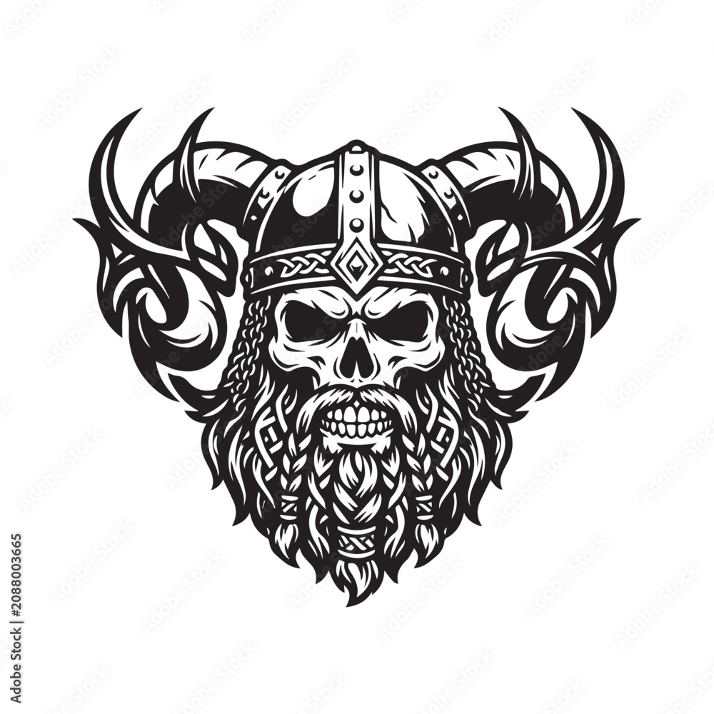Fototapeta premium Black and white illustration of a Viking skull with horned helmet.