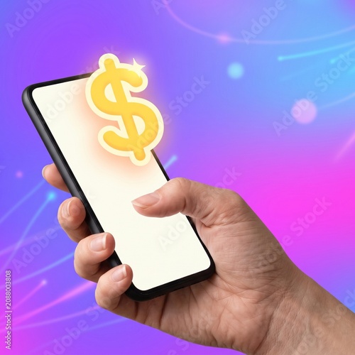 Mobile finance concept featuring hand holding smartphone with floating glowing dollar icon on vibrant digital background.