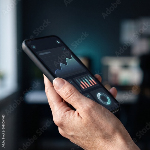 Business professional holding smartphone with floating finance icons and digital data charts in dark office environment.