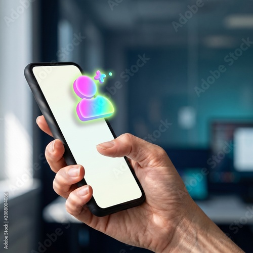 Business professional holding smartphone with floating 3D neon user icon for digital finance and networking in modern office.