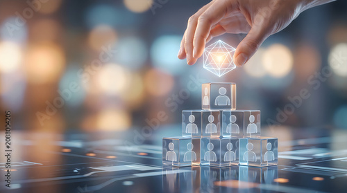 Building a strong team with glass blocks featuring people icons for human resources management