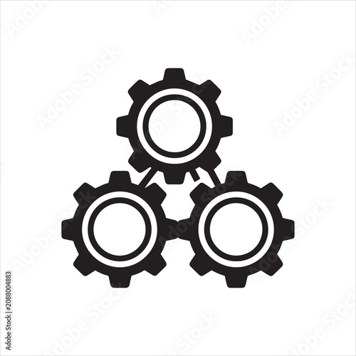 Simple black vector icon of three interconnected gears working together representing teamwork, mechanics, and industrial processes.
