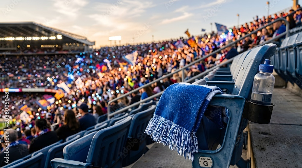 Fototapeta premium Excited spectators filling vast sports stadium benches under golden sunset light, showcasing a blue team scarf, valuable for athletic promotions.