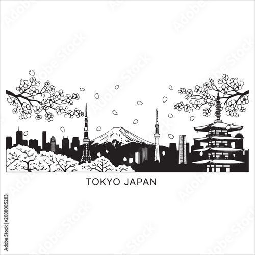 Black and white line art vector illustration of the Tokyo Japan city skyline with Mount Fuji and cherry blossoms.