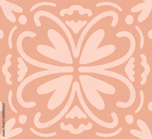 Hand painted symmetric flower tile design with petals, lines and dots as a minimalist abstract geometrical design in colors of cream and peach. Floral seamless vector pattern. Great for home decor.
