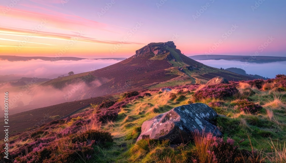 Obraz premium Sunrise over a misty mountain landscape with heather and rocks.