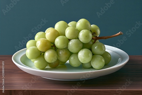 Korean shine muscat green grapes on white porcelain plate, premium chuseok gift fruit still life
