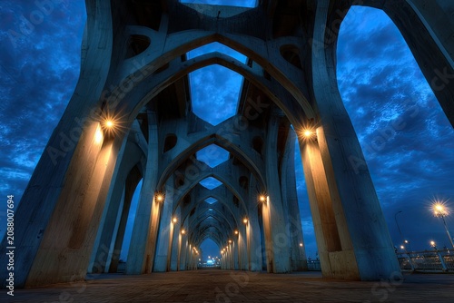 Low-angle shot of a large, arched structure illuminated at night, leading toward a distant light