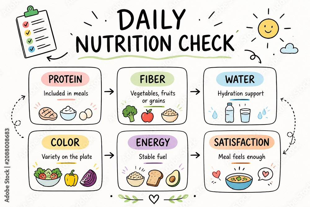 Naklejka premium A graphic illustrates a daily nutrition check with sections for protein, fiber, water, color, energy, and satisfaction.