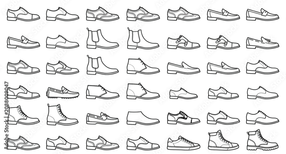Obraz premium Leather Shoes Outline Icon Set with Formal Footwear Line Vector Collection